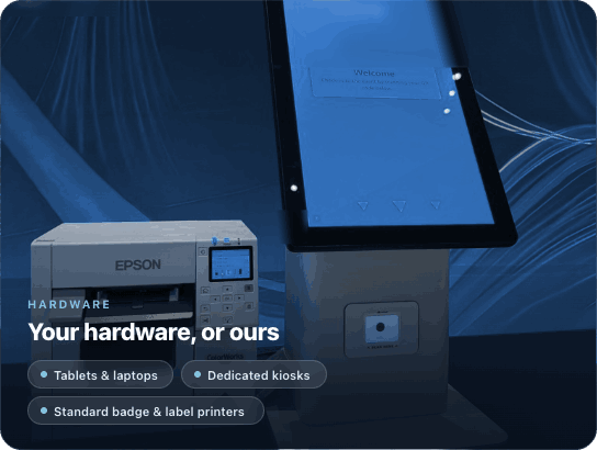 Flexible check-in and badge printing hardware - tablets and laptops, dedicated kiosks, and standard badge and label printers